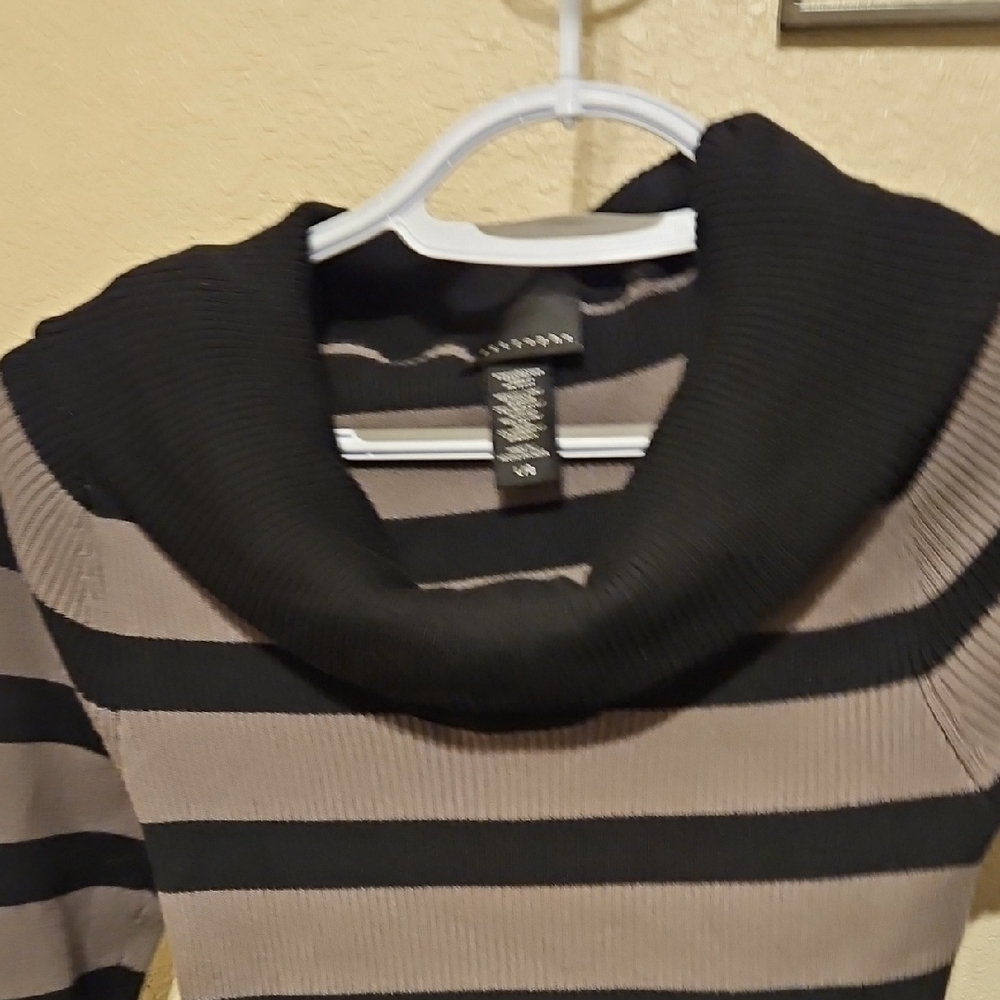 Apostrophe Black and Gray Striped Sweater Dress with Cowl Neck - Picture 7 of 11